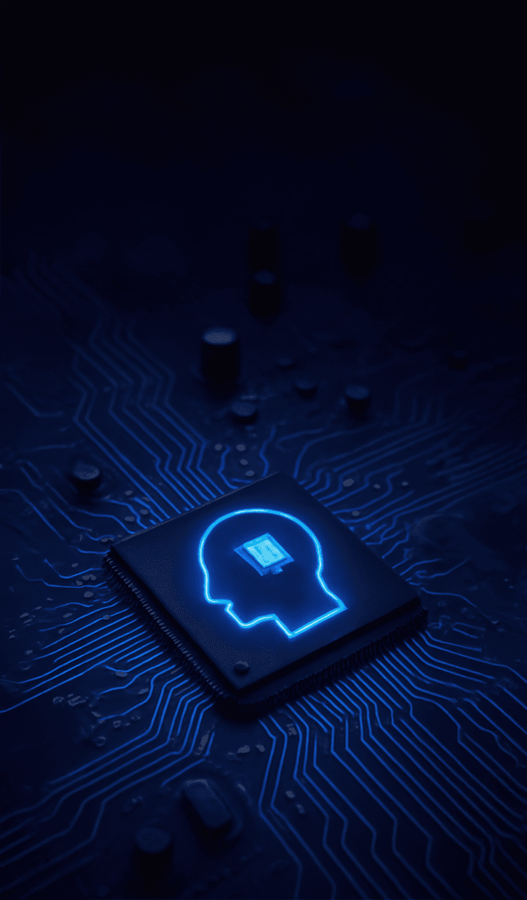 Processor chip with AI brain outline symbolizing integration of AI into systems