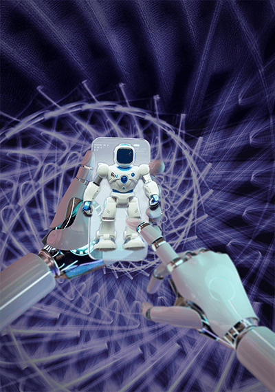 Robotic hands holding a mini robot in front of a smartphone, representing image-based search technology by Pdaarc
