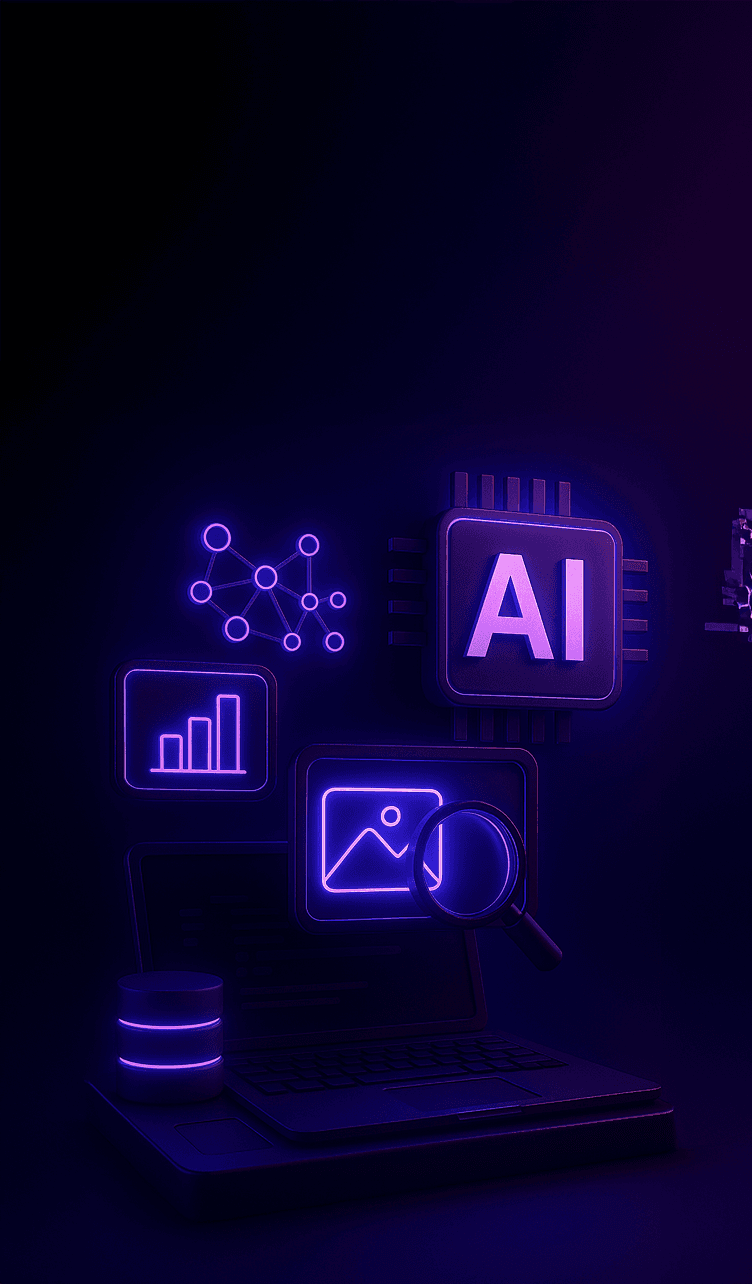 Deep Learning and Generative AI concept with glowing AI chip, neural network, and data icons in purple theme
